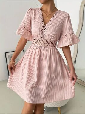 Dress Elegant Blush Pink V-Neck Lace Trim Dress